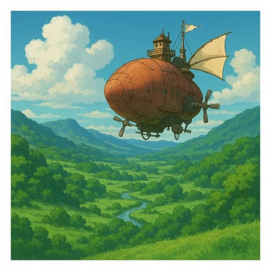 flying airship over a lush green valley sticker