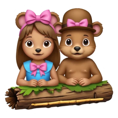 a girl beaver and a boy beaver on a log. give the girl beaver eyelashes and a bow on top of her head sticker