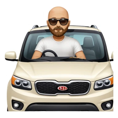 bald man with beard sitting on top of a white Kia Mohave SUV sticker