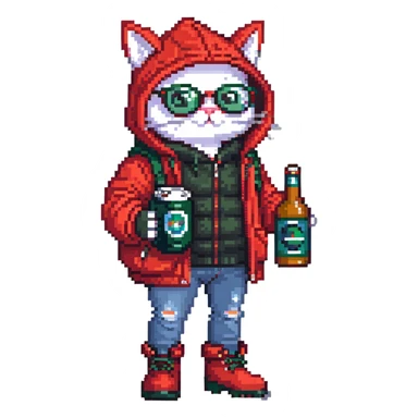 Catfish wearing red hooded winter jacket, round glasses, blue jeans, red boots, holding beer can with red label sticker