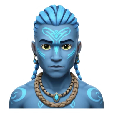avatar-style Na’vi male portrait, head and shoulders only, blue skin, bioluminescent markings, strong face features, braided hair, tribal necklace, heroic expression, 3D cartoon, mobile game icon style, clean background, no text, no watermark
 sticker