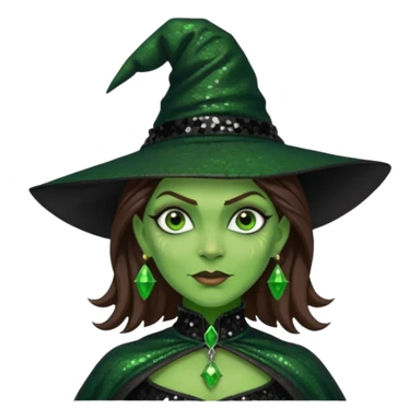 The Wicked Witch from Oz with green skin, brown hair, black sequin outfit sticker