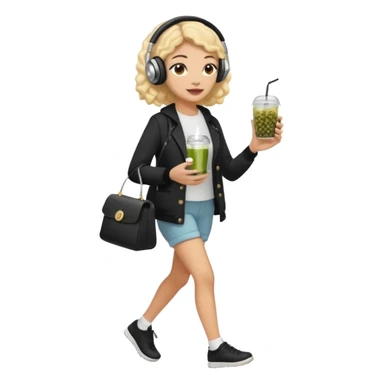 a young woman full length walks with headphones on with a caviar sandwich in one hand and herbal tea in the other hand sticker
