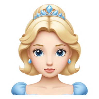 Cinematic Elegant Cinderella Portrait Emoji, rendered in a flat, vector-style with minimal shading and bold, simplified shapes. Depict Cinderella in her classic ball gown (chest and above) with fair, porcelain skin and elegantly styled blonde hair, her eyes soft and kind, and her expression serene and graceful. The design glows with a gentle, enchanting radiance and high shine, capturing the timeless beauty of a fairy tale princess. sticker