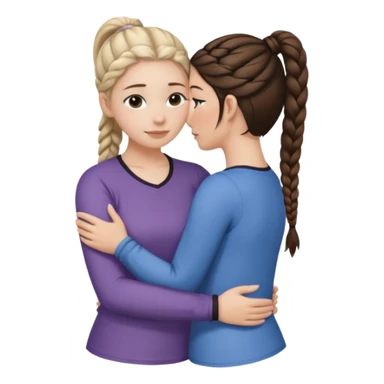 Comforting Hug two white skin women, one shorter woman with medium brown simple top ponytail, not braided, and one taller woman with a single long black side braid sticker