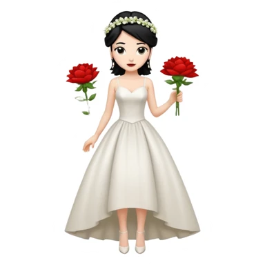 Chica blanca,cuerpo entero, vestido boda tirantes finos, pelo negro recogido con mechones y zapatos tacon y 1 flor en la cabeza sticker