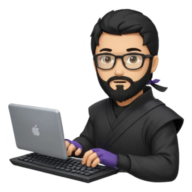 Man with black hair and beard wearing glasses in a ninja costume. Keep the top left version, make the beard longer and replace the sword on his with a computer keyboard  sticker