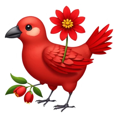 A bird carrying a red flower sticker