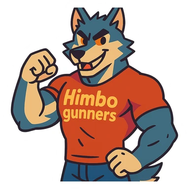 muscular wolf furry wearing a t-shirt that says 'Himbo gunners' sticker