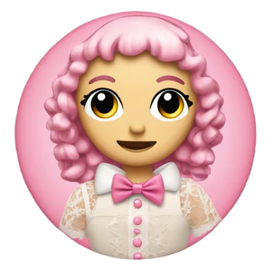 collage of an emoji of a doll with a colour theme of pink, a cd, a bow, lace, and a needle sticker