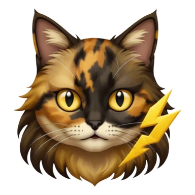 long hair tortoiseshell cat with a black face, white neck and yellow lightning mark above left eye sticker