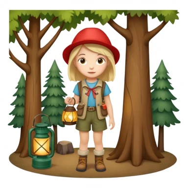 Adorable little girl in camping attire standing beside a tree holding a lantern, looks like it is made of felt texture, scrapbooking style, transparent background sticker
