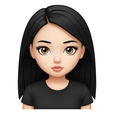 a pretty bratz girl with straight black hair wearing a black tshirt, eyeliner sticker