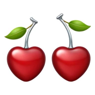 A pair of cherries emoji made of polished silver chrome, smooth rounded shapes, glossy metallic finish, soft highlights and reflections, cute proportions, iOS emoji style, centered, clean white background, no text sticker