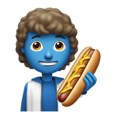 un monsieur brun aux yeux bleus qui mange un hot dog  sticker