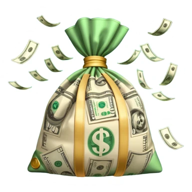 

3D emoji style, big bag of money, flying dollar bills, rich casino vibe, smooth lighting, high detail, clean edges, transparent background



 sticker
