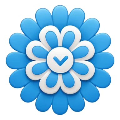 Blue social media verification badge, scalloped circular shape (flower-like edges), solid bright blue color, white bold check mark in center, flat vector emoji style, clean minimal design, symmetrical, transparent background sticker