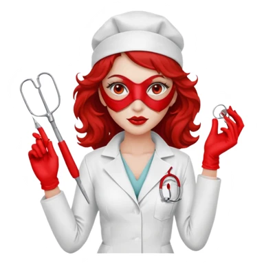 


Scary woman scalpel in hand, evil surgeon sexy surgeon clothes.  She has redcolored  eyes. Her  hair only is free ne brown long curly hair. Wears sexy doctor outfit with red gloves. make her wear red ski mask and nose mask  to hide. Wears white surgeon coat, wears  stilettos sticker