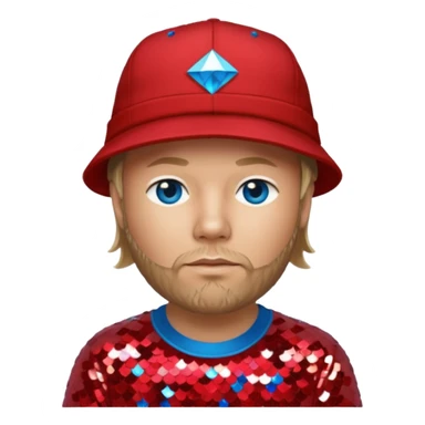 Fred Durst with long dark blonde hair, red sequin shirt and hat, blue eye sticker