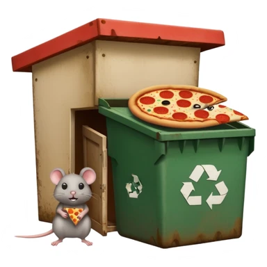 emoji-style icon of a pizza restaurant with a pizza slice sign, an overflowing dumpster next to the building, and a big rat peeking around the corner by the dumpster, unsanitary and dirty, clear at small size, no text sticker