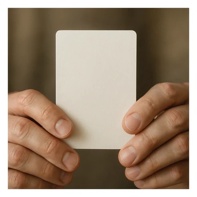 two hands gently presenting a card, thumbs on the front, fingers behind, focus on the card sticker