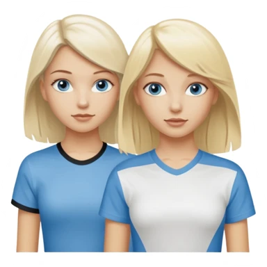 2 caucasian girls, one bleach blonde, then other a slightly darker shades of blonde. both grayish blue eyes. lighter blonde has a skater-y2k aesthetic and the dark blonde has a y2k-coquette aesthetic sticker