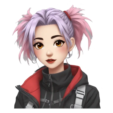 Gorgeous pastel bright techwear anime style lady with blushing face aesthetic and pretty edgy black red white punk messy hair with collar and harness trending style sticker