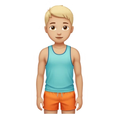 Emoji-style person in beach shorts with sunburned shoulders and chest, tank top outline, cute rounded features, soft shading, vibrant colors sticker