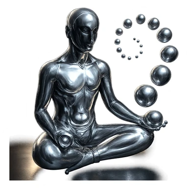 Add a glowing aura around the reflective chrome silhouette of the meditating person and the spiral of spheres, keep the style highly metallic, no background. sticker