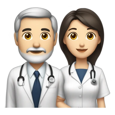 husband american age 64 dark brown hair trimmed beard wearing business suit holding bible together, wife asian age 64 black shoulder length hair wearing nurse uniform, no children sticker