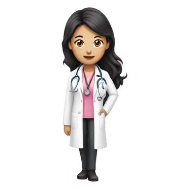 Wavy long black hair Asian female doctor in pink undershirt white coat over pink stethoscope  sticker