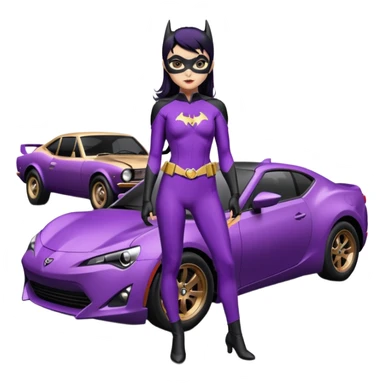 Relaxed adult 60’s Batgirl themed Satin black and rose gold painted Scion FR-S pursuit vehicle hot rod off road capable (tight fitting purple suit with black hair on her) sticker