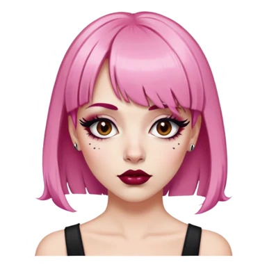 Pink haired white woman with bangs , brown eyes with big black eyeliner and false lashes, dark red lips with a lip piercing sticker