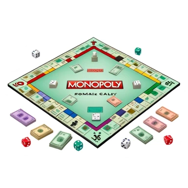 A photorealistic icon featuring a Monopoly board with property spaces, colorful game tokens, dice, and stacks of money. The design includes detailed textures of the board, cards, and tokens, capturing the essence of the Monopoly game. Transparent background, symbolizing Monopoly and board games. sticker