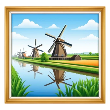 Cinematic Realistic Kinderdijk Windmills Landmark Emoji, showcasing traditional Dutch windmills aligned along a tranquil canal, with lush green fields, soft ripples in the water. sticker