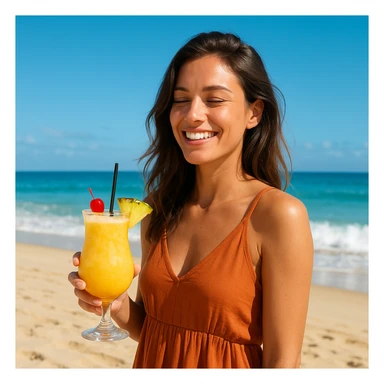 take this picture of a woman and make it  beach photo with drink sticker