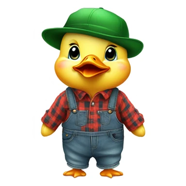cute fluffy chubby baby duck with hand and wear green hat and red checkered shirt and jeans jumpsuit sticker