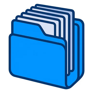 Edit the blue folder to appear thicker and more packed with a lot more documents inside. Keep the style flat and modern, with a fully transparent background. Prioritize clarity and recognizability, ensuring the folder looks full of documents. sticker