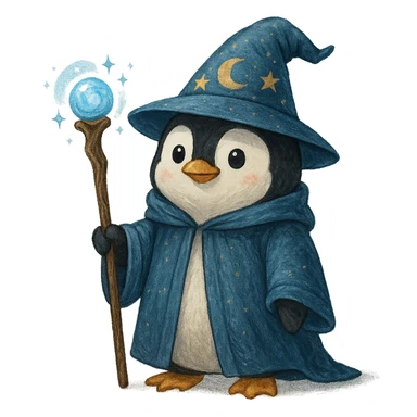 penguin wizard, magical staff, wearing a wizard hat sticker