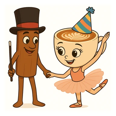 Add a party hat to the coffee cup character and a magician's hat to the cinnamon stick character in the same quality and style as the original image. sticker