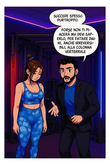 fai questa immagine in versione fumetto/manga/webtoon a colori, il manga mostra l'uomo che risponde alla donne:
Succede spesso purtroppo. 
Forse non ti piacerà ma devi saperlo, per evitare danni, anche irreversibili, alla colonna vertebrale e un potenziale intervento chirurgico. sticker