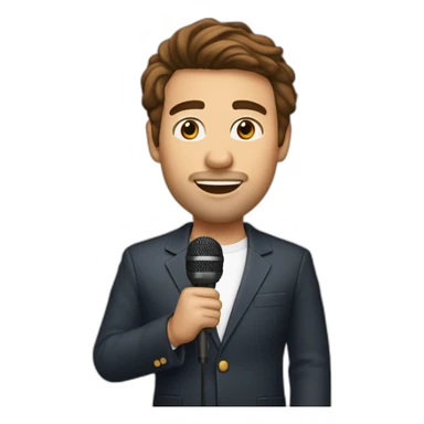  men with brown hair and light skin with microphone stand in front of him with show spotlights on a stage sticker