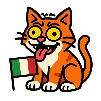 Italian cat with wild eyes and goofy expression, brainrot meme style, cartoonish sticker