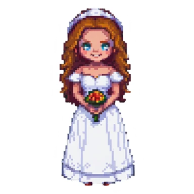 Chucky's bride in a wedding dress standing and smiling in pixel art style sticker