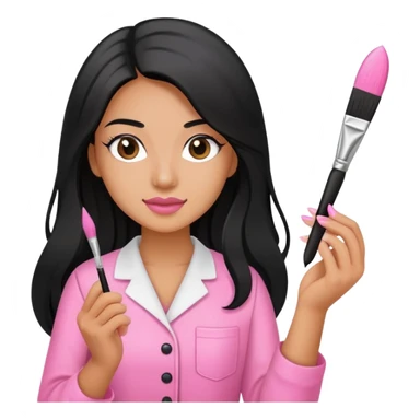 Pink Nail Tech with black long hair holding small acrylic brush sticker