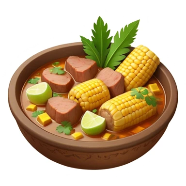 Cinematic Realistic Sancocho Antioqueño Emoji, depicting a hearty Colombian stew brimming with tender cuts of meat, yuca, plantains, corn on the cob, and potatoes in a rich, flavorful broth. Served in a rustic clay bowl with fresh cilantro and lime on the side, rendered with warm, inviting textures and homely, comforting lighting. sticker