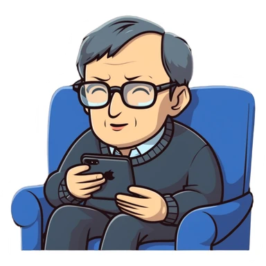 Stephen Hawking with glasses sitting on a couch playing a mobile phone game sticker