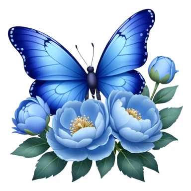 A delicate butterfly with cobalt blue and powder blue wings, its edges dusted with shimmering silver, gently perched on a cluster of blooming pastel blue peonies and deep navy pansies, their petals unfolding in the soft sunlight. sticker