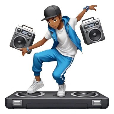 Icon for Street Dance: a dancer in urban streetwear performing a dynamic lower breakdance move, with a spray-painted background and a boombox on the asphalt. The icon should capture the energy, style, and creativity of street dance culture. Transparent background. sticker