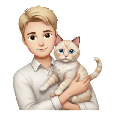 A young handsome Caucasian man in a white shirt holding a ragdoll cat sticker